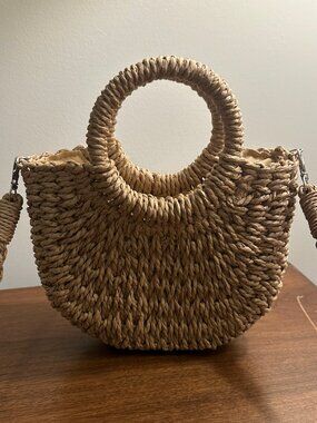 Jollique Boho Woven Straw Crossbody Bag Half Moon Summer Beach Handbag Tan